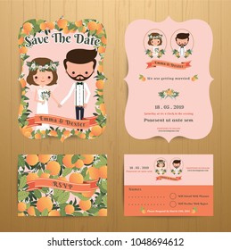 Orange orchard theme wedding couple bride & groom, bohemian summer style, save the date card