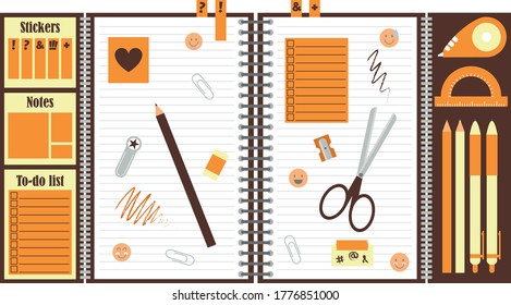 The orange organizer includes a large stationery set. Notebook with additional inserts in which sticky notes, pens, pencils, and correction tape are stored. Composite vector illustration.