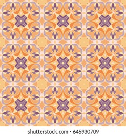 Orange Oriental pattern. Seamless symmetrical pattern of swirls, lines and stars. Vector illustration.