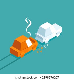 Orange origami car crash a white car on a blue background, causing an accident. Rear-end collision. Vector illustration isometric flat design.