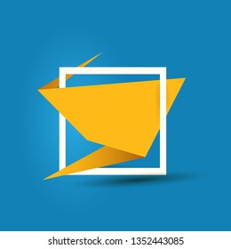 Orange origami speech bubble or banner isolated on blue background. Ribbon banner, scroll, price tag, sticker, badge, poster. Vector cover design template