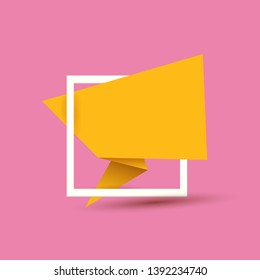 Orange origami speech bubble or banner isolated on pink background. Ribbon banner, scroll, price tag, sticker, badge, poster. Vector cover design template 
