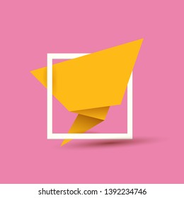 Orange origami speech bubble or banner isolated on pink background. Ribbon banner, scroll, price tag, sticker, badge, poster. Vector cover design template 