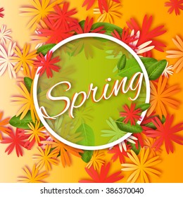 Orange Origami Spring Title Concept. Decorated with Flying Leaves and Flowers on . Realistic Applique Vector Illustration