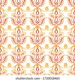 Orange Ornament Mexican Vector Seamless Pattern. India Motif Background. Islamic Pattern. Red and Orange Ikat Damask Backdrop.