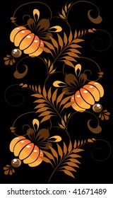 orange ornament on a black background. vector petrikovsky ornament