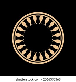 Orange ornamental circular pattern on black background. Card template design. Vector illustration.