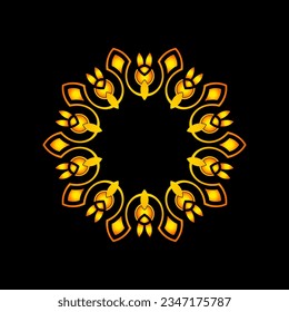 Orange ornamental circular pattern on black background. Card template design. Vector illustration.