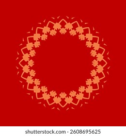 Orange ornamental circular pattern on red background. Card template design. Vector illustration.