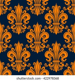 Orange ornamental fleur-de-lis background for monarchy theme or vintage interior design with seamless pattern of decorative lily flowers and buds tied into elegant bunches on dark blue background