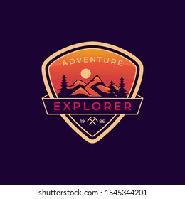 Orange outdoor and adventure logo badge template for mountaineering, scout, Forest ranger, outdoor gear shop with vintage shield style and colorful.