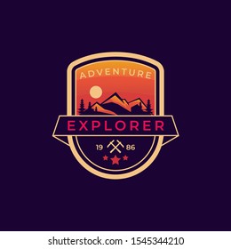 Orange outdoor and adventure logo badge template for mountaineering, scout, Forest ranger, outdoor gear shop with vintage shield style and colorful.