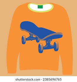 The orange outfit in front of the background and the blue skateboard pattern in front of it