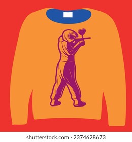 The orange outfit in front of the background and the person playing paintball in purple in front of it