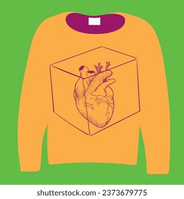 The orange outfit in front of the background and the purple heart pattern in front of it