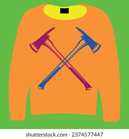 The orange outfit in front of the background and the purple and blue axes in front of it