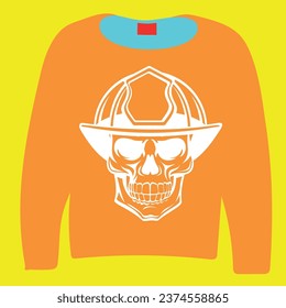 The orange outfit in front of the background and the white skull pattern in front of it