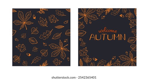 hojas de otoño de contorno naranja y bellotas sobre fondo oscuro, postales de otoño con tipografía audaz "OTOÑO" para invitaciones de temporada, Anuncios o decoración de temática de otoño.