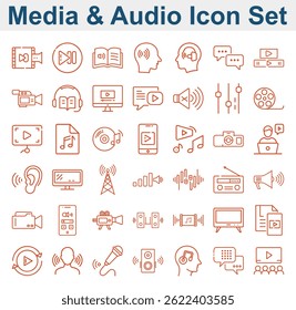 Orange outline icons. Media symbols include camcorder, radio, speaker, film reel, headphones, play button, music note, antenna.