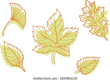 Orange outlined autumn leaves with green accents on white background