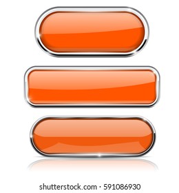 Orange oval buttons. With chrome frame. Vector 3d illustration isolated on white background