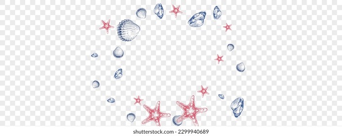 Orange Oyster Background Transparent Vector. Scallop Coastal Illustration. Marine Graphic. Red Starfish Underwater Pattern. Ultramarine Seashell.