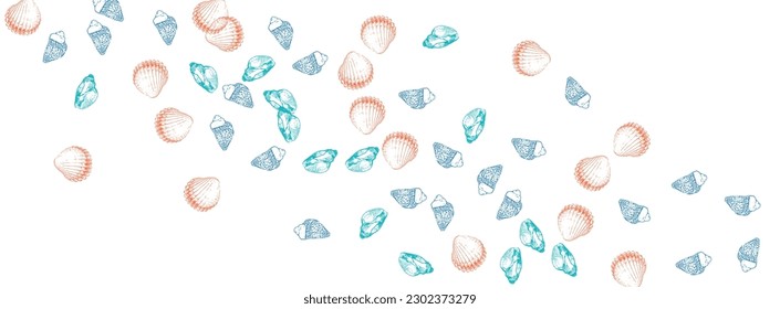 Orange Oyster Background White Vector. Shellfish Vintage Wallpaper. Doodle Graphic. Gray Snail Tropical Set.