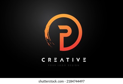 Orange P Circular Letter Logo with Circle Brush Design and Black Background.