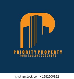 Orange P letter vector logo design and silhouette of tower buildings isolated on dark background represents housing, apartment, office or condominium developer company