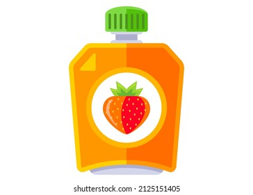 orange packaging of baby food with strawberry flavor. flat vector illustration.