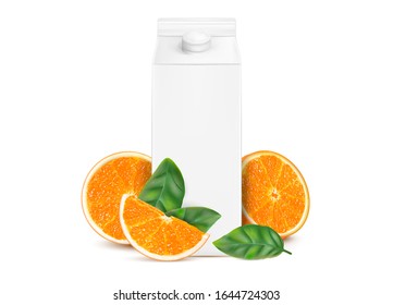 Orange packaging mock up with fresh orange slice of pieces isolated on white background. Realistic vector 3D illustration.