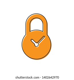 Orange Padlock with clock icon isolated on white background. Time control concept. Lock and countdown, deadline, schedule, planning symbol. Vector Illustration