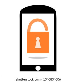 Orange padlock on mobile phone, on a white background, vector image