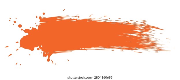 Orange paint brush stroke banner with splashes and dynamic smear texture for artistic vector background design