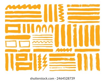 Orange paint brush strokes element bundle. Grunge lines, curve, square, zigzag, and wavy shapes brushes. Artistic painting graphic elements.