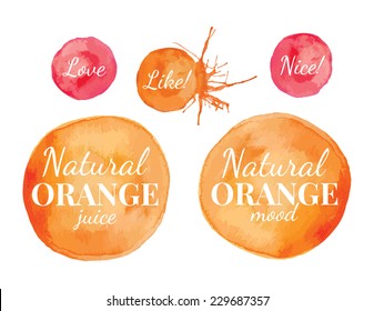 Orange paint circle with lettering and splash - watercolor vector set