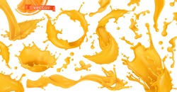 Orange Paint Splash. Fruit Juice. 3d Realistic Vector Set Of Design Elements