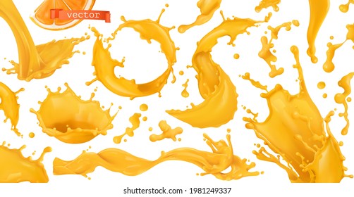 Orange paint splash. Fruit juice. 3d realistic vector set of design elements