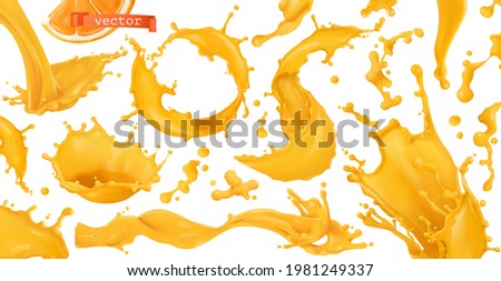 Orange paint splash. Fruit juice. 3d realistic vector set of design elements