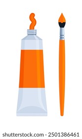 Orange paint tube with paintbrush icon. Flat vector illustration isolated on white background. Art supplies and painting concept. Perfect for educational materials and creative projects