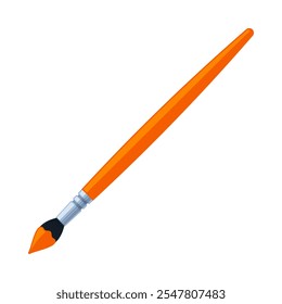 Orange paintbrush with paint on bristles. Art supply, painting, and creativity concept. Flat vector illustration isolated on a white background