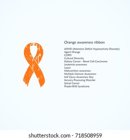 Orange painted awareness ribbon. ADHD, Attention Deficit Hyperactivity Disorder, COPD, Isolated icon. List of meanings, symbol, name of color.