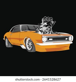 Orange and painted racing car. Isolated in black background, for t-shirt design, print. and for business purposes.