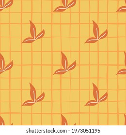 Orange palette seamless pattern with hand drawn simple leaves ornament. Chequered background. Perfect for fabric design, textile print, wrapping, cover. Vector illustration.