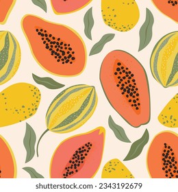 Orange papaya pattern on white background. Exotic summer fruit seamless design for web and print. Trendy vector illustrated pattern. Hawaiian fruits.