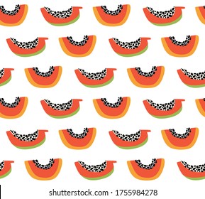 Patrón impecable de papaya naranja. Exóticos antecedentes de verano. Cortes tropicales de fruta dulce con pulpa y semillas. Frutas de la jungla de doodle coloreadas con vector dibujado a mano sobre fondo blanco. Comida vegetariana saludable.