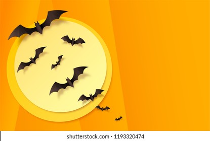 Orange paper background with black bats on yellow moon. Vector Halloween greeting card background.