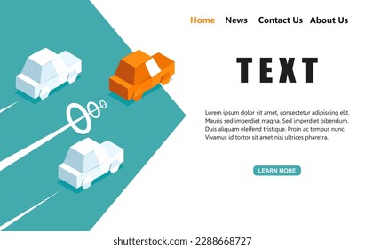 Orange paper car leader is running superspeed on the blue background. Vector illustration flat design for poster, banner, presentation, and background. competition concept.