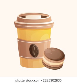 Orange paper cup of coffee with coffee bean illustration and chocolate brown macaron. Poster for coffee house. Cute cartton coffee illustration for confectioner or pastry shop with dessert