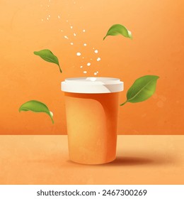 an orange paper cup with a white lid and leaves on it